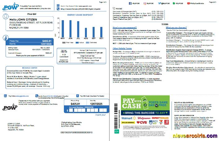 USA Philadelphia Gas Works utility bill, 3 pages, 1-2 pages